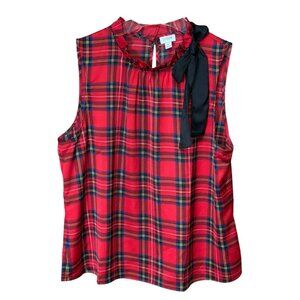J.Crew Red Tartan Plaid Sleeveless Blouse Bow Neck Size XL